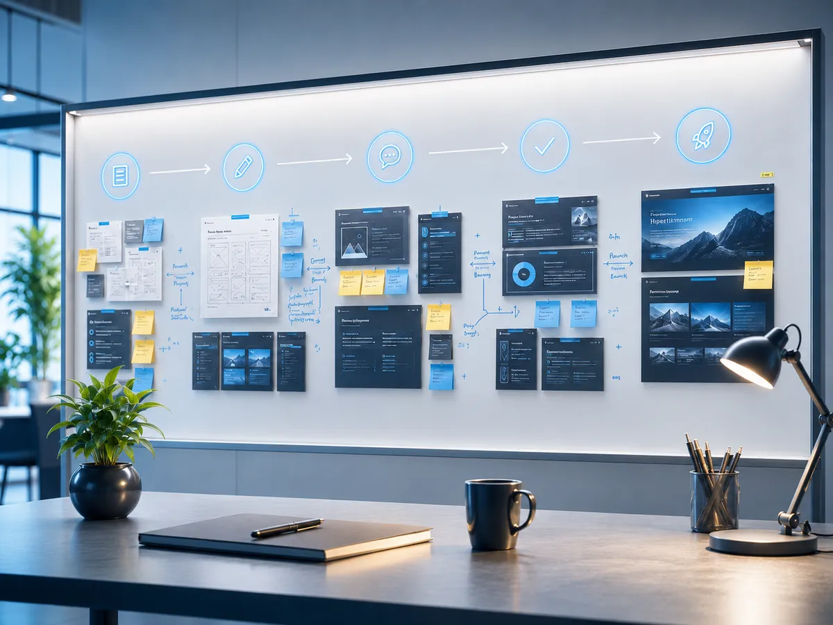 A wall of printed sitemaps, wireframes and page reviews from a project in progress